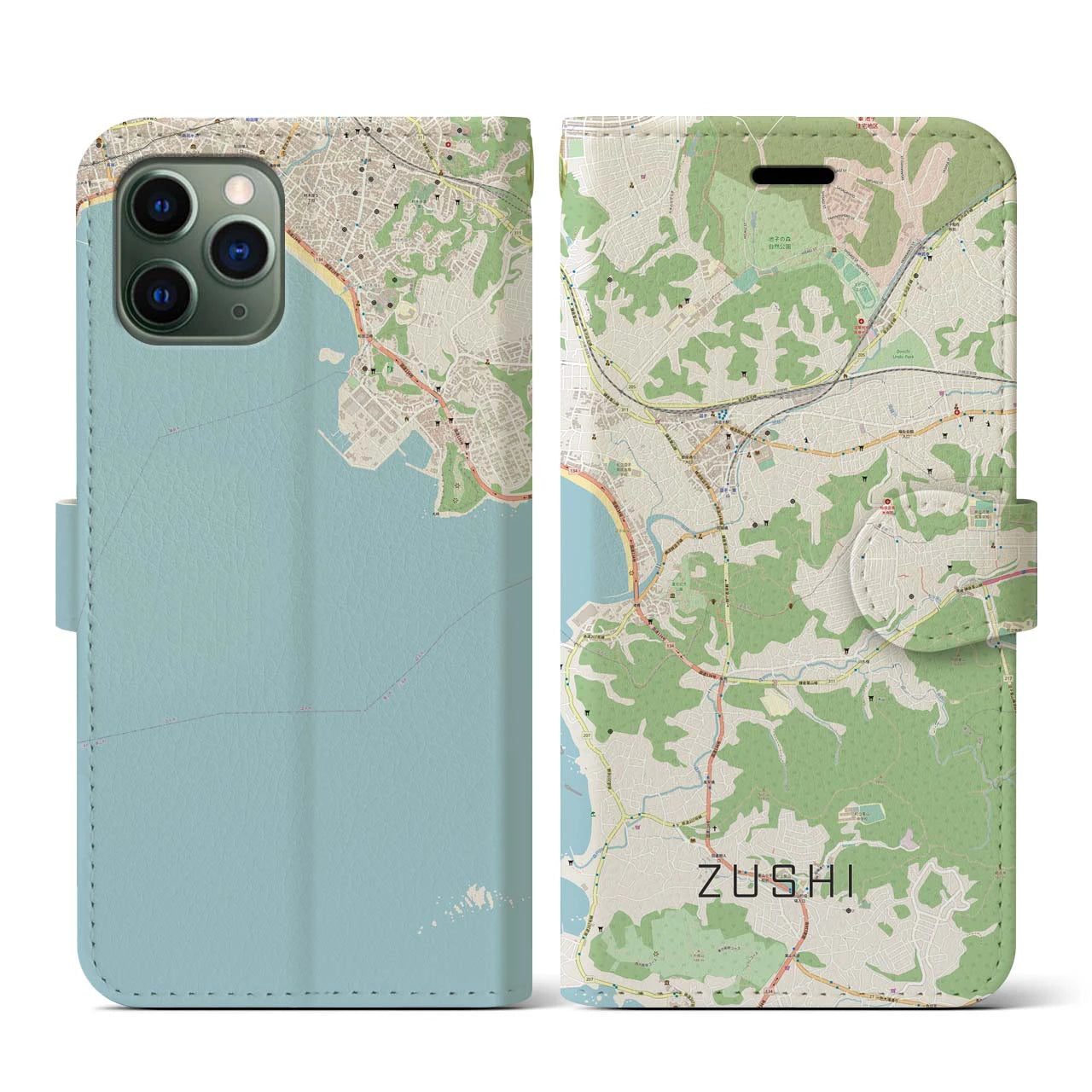 【逗子(神奈川県)】地図柄iPhoneケース(手帳タイプ)ナチュラル・iPhone 11 Pro 用