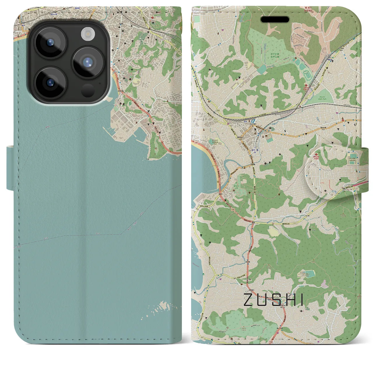【逗子(神奈川県)】地図柄iPhoneケース(手帳タイプ)ナチュラル・iPhone 15 Pro Max 用