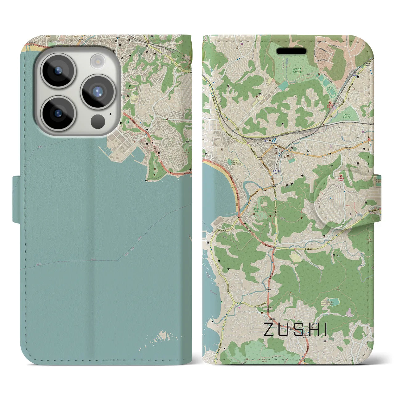 【逗子(神奈川県)】地図柄iPhoneケース(手帳タイプ)ナチュラル・iPhone 15 Pro 用