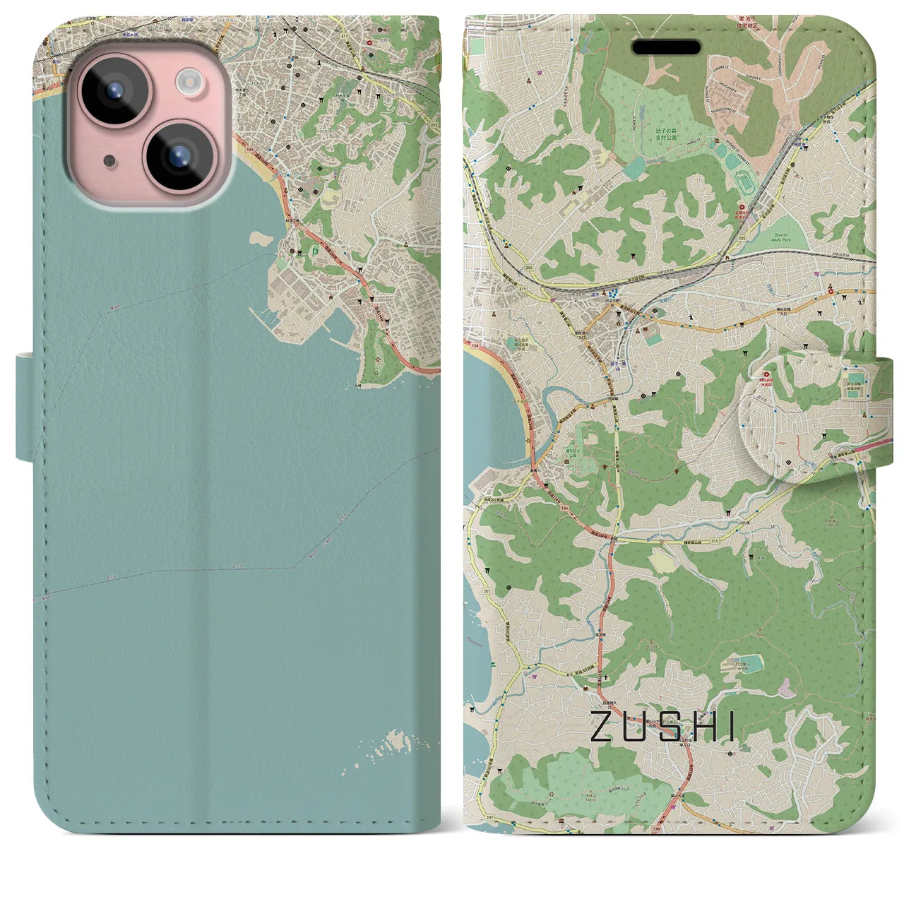 【逗子(神奈川県)】地図柄iPhoneケース(手帳タイプ)ナチュラル・iPhone 15 Plus 用