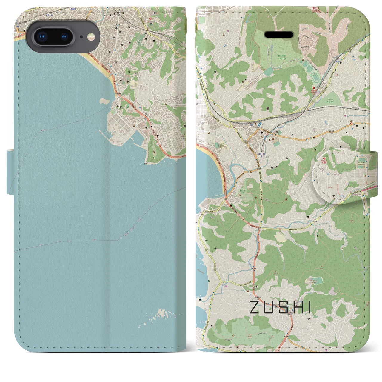 【逗子(神奈川県)】地図柄iPhoneケース(手帳タイプ)ナチュラル・iPhone 8Plus /7Plus / 6sPlus / 6Plus 用