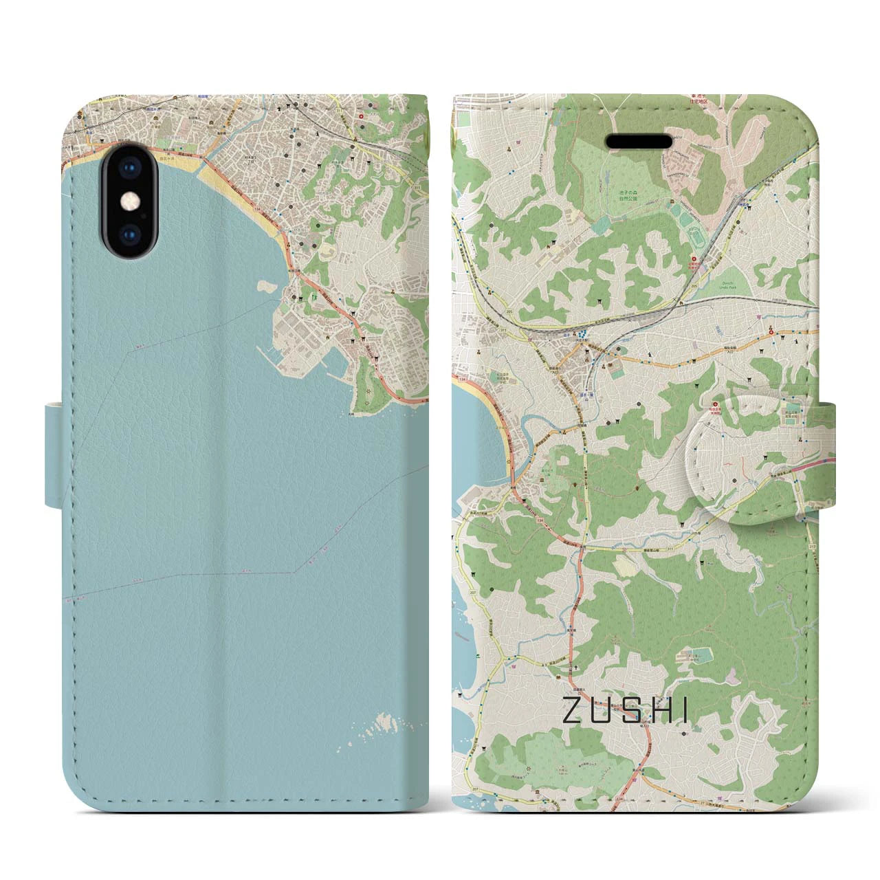【逗子(神奈川県)】地図柄iPhoneケース(手帳タイプ)ナチュラル・iPhone XS / X 用