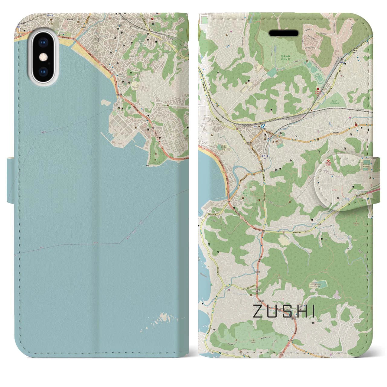 【逗子(神奈川県)】地図柄iPhoneケース(手帳タイプ)ナチュラル・iPhone XS Max 用
