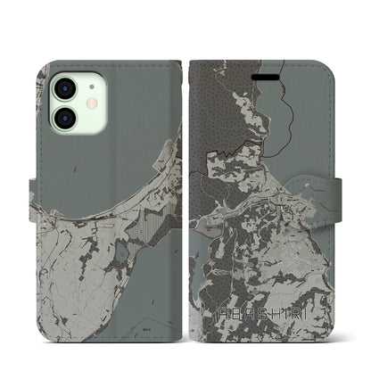 【網走（北海道）】地図柄iPhoneケース（手帳タイプ）モノトーン・iPhone 12 mini 用