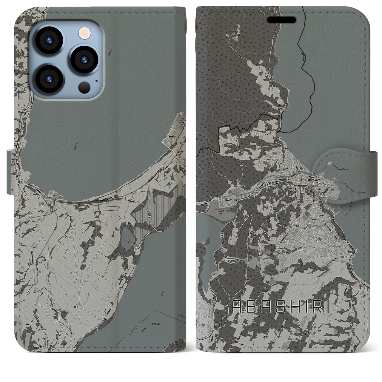 【網走】地図柄iPhoneケース（手帳両面タイプ・モノトーン）iPhone 13 Pro Max 用