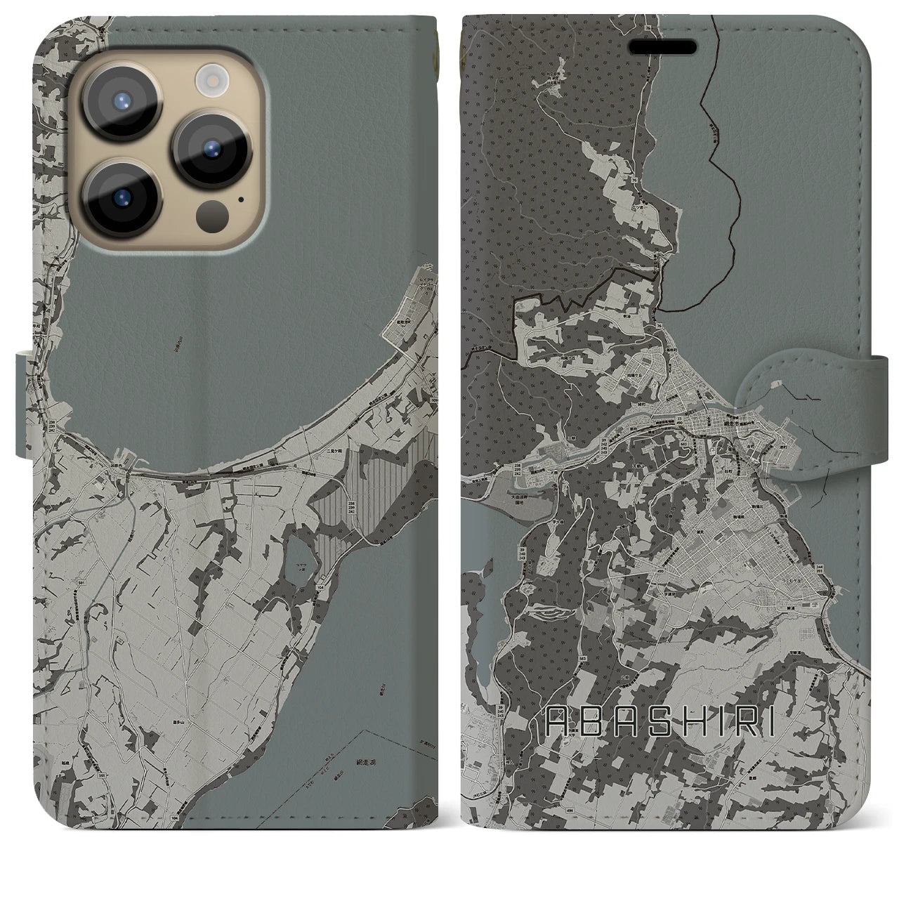 【網走】地図柄iPhoneケース（手帳両面タイプ・モノトーン）iPhone 14 Pro Max 用