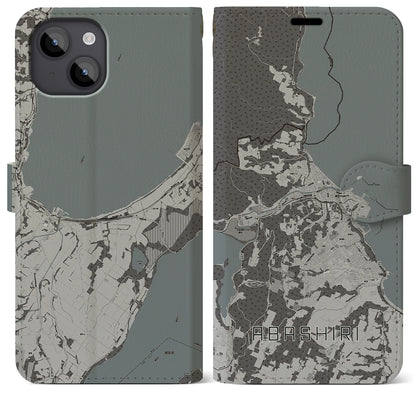 【網走（北海道）】地図柄iPhoneケース（手帳タイプ）モノトーン・iPhone 14 Plus 用