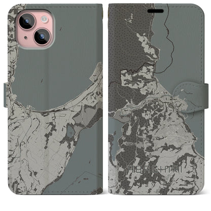 【網走（北海道）】地図柄iPhoneケース（手帳タイプ）モノトーン・iPhone 15 Plus 用