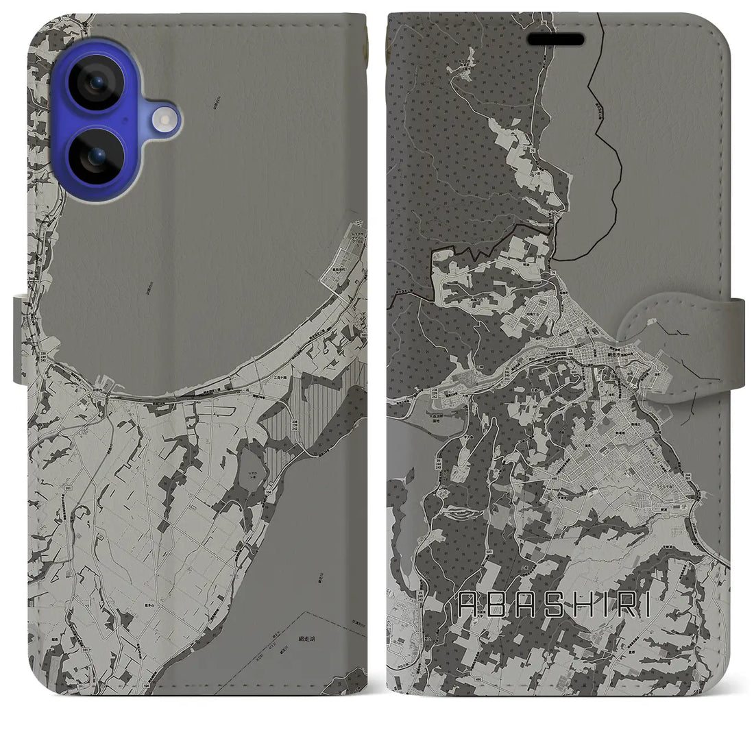【網走(北海道)】地図柄iPhoneケース(手帳タイプ)モノトーン・iPhone 16 Pro Max 用