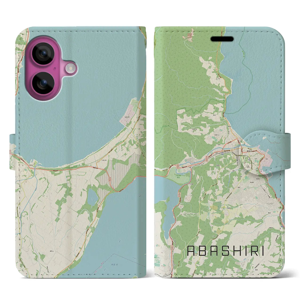 【網走（北海道）】地図柄iPhoneケース（手帳タイプ）ナチュラル・iPhone 16 Pro 用