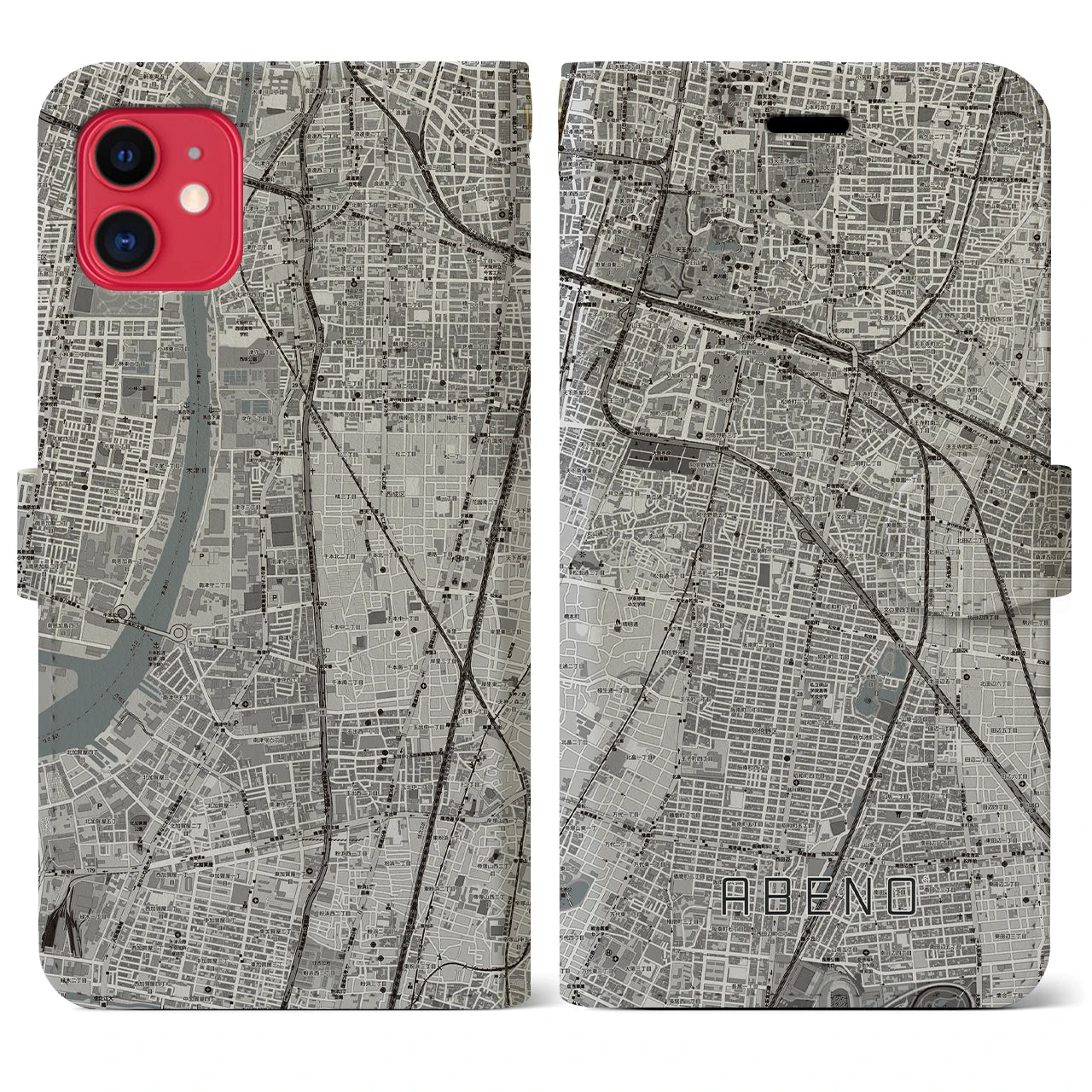 【阿倍野】地図柄iPhoneケース（手帳両面タイプ・モノトーン）iPhone 11 用