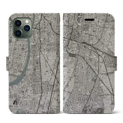 【阿倍野（大阪府）】地図柄iPhoneケース（手帳タイプ）モノトーン・iPhone 11 Pro 用