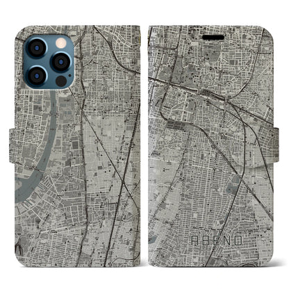 【阿倍野（大阪府）】地図柄iPhoneケース（手帳タイプ）モノトーン・iPhone 12 / 12 Pro 用
