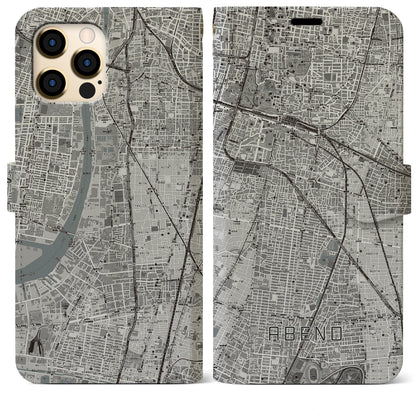 【阿倍野（大阪府）】地図柄iPhoneケース（手帳タイプ）モノトーン・iPhone 12 Pro Max 用