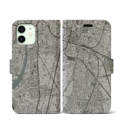【阿倍野（大阪府）】地図柄iPhoneケース（手帳タイプ）モノトーン・iPhone 12 mini 用