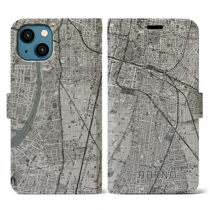 【阿倍野（大阪府）】地図柄iPhoneケース（手帳タイプ）モノトーン・iPhone 13 用