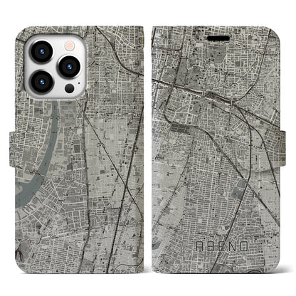 【阿倍野（大阪府）】地図柄iPhoneケース（手帳タイプ）モノトーン・iPhone 13 Pro 用