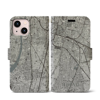 【阿倍野（大阪府）】地図柄iPhoneケース（手帳タイプ）モノトーン・iPhone 13 mini 用
