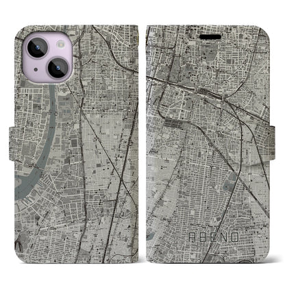 【阿倍野（大阪府）】地図柄iPhoneケース（手帳タイプ）モノトーン・iPhone 14 用