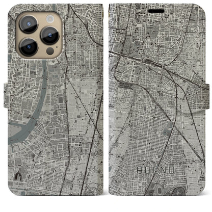 【阿倍野（大阪府）】地図柄iPhoneケース（手帳タイプ）モノトーン・iPhone 14 Pro Max 用