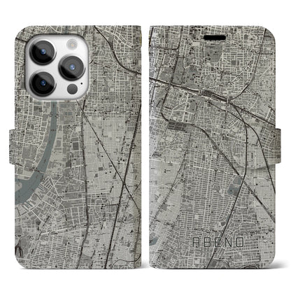 【阿倍野（大阪府）】地図柄iPhoneケース（手帳タイプ）モノトーン・iPhone 14 Pro 用