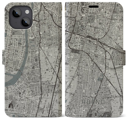 【阿倍野（大阪府）】地図柄iPhoneケース（手帳タイプ）モノトーン・iPhone 14 Plus 用