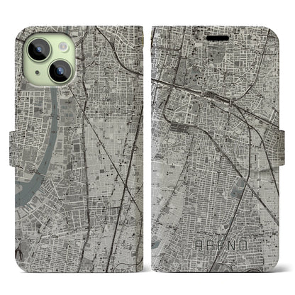 【阿倍野（大阪府）】地図柄iPhoneケース（手帳タイプ）モノトーン・iPhone 15 用