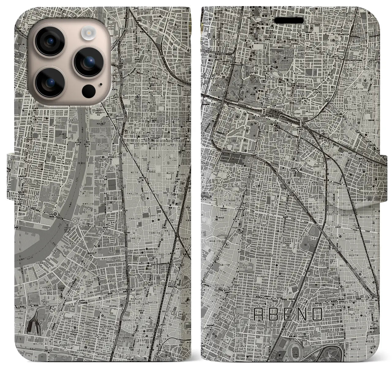 【阿倍野（大阪府）】地図柄iPhoneケース（手帳タイプ）モノトーン・iPhone 16 Plus 用