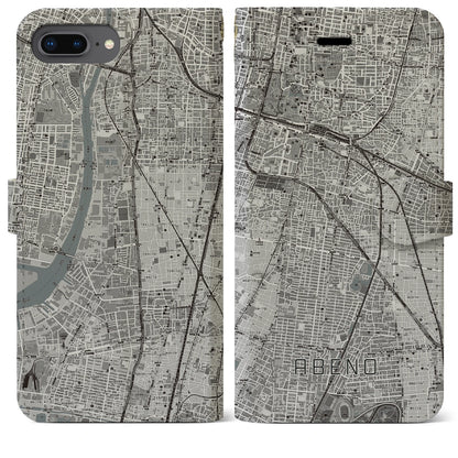 【阿倍野（大阪府）】地図柄iPhoneケース（手帳タイプ）モノトーン・iPhone 8Plus /7Plus / 6sPlus / 6Plus 用