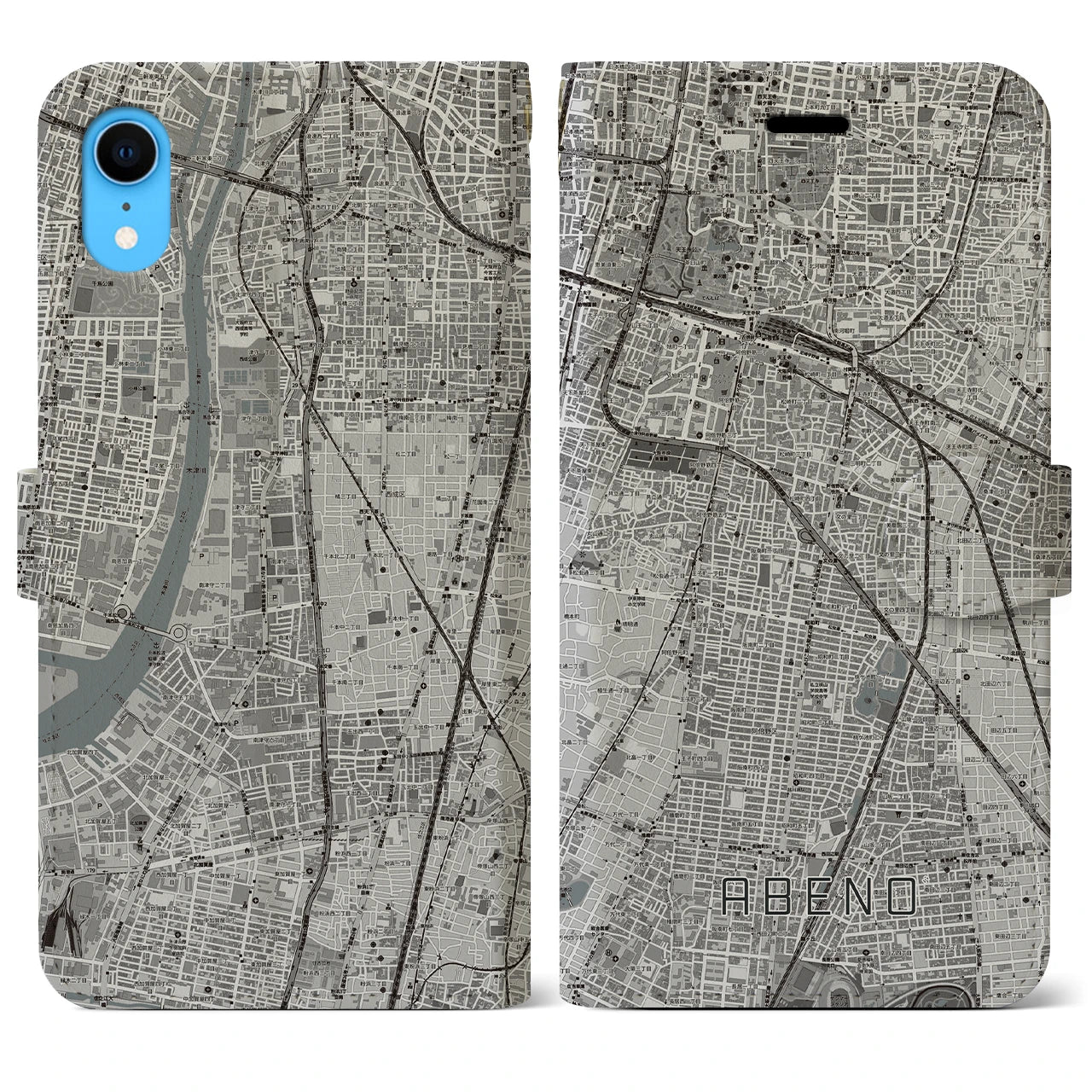 【阿倍野】地図柄iPhoneケース（手帳両面タイプ・モノトーン）iPhone XR 用