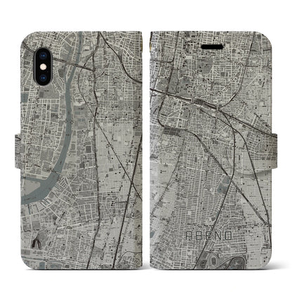 【阿倍野（大阪府）】地図柄iPhoneケース（手帳タイプ）モノトーン・iPhone XS / X 用