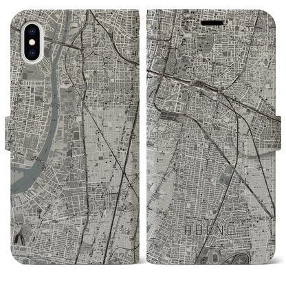 【阿倍野（大阪府）】地図柄iPhoneケース（手帳タイプ）モノトーン・iPhone XS Max 用
