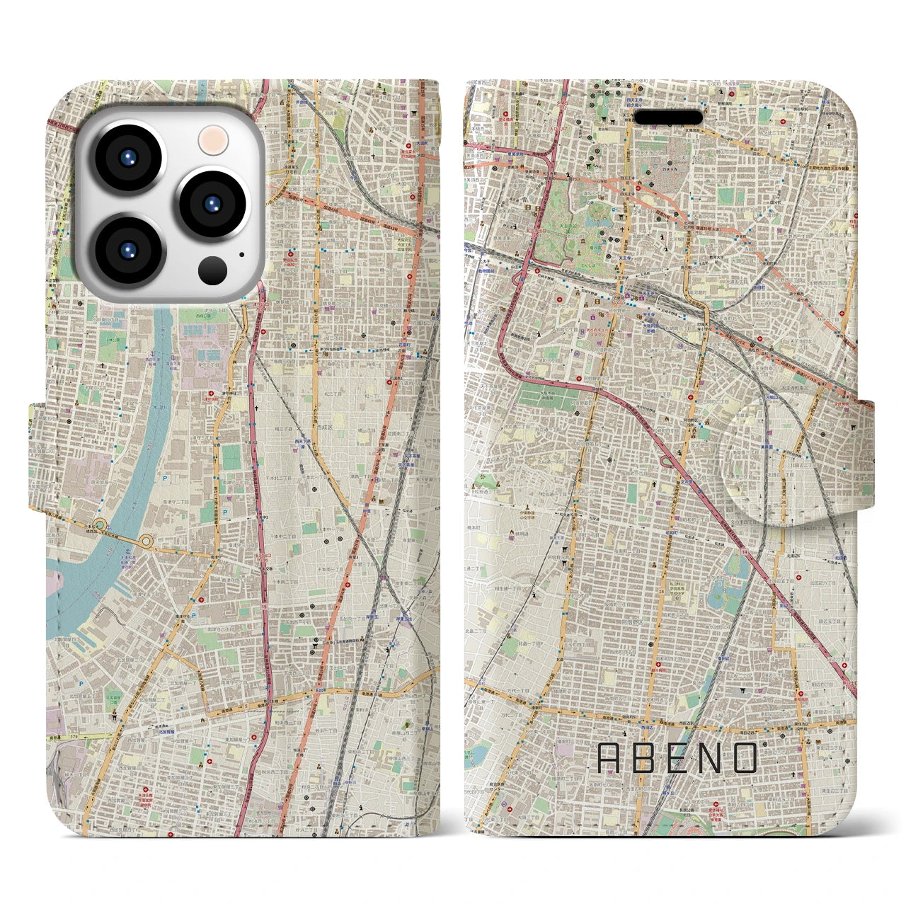 【阿倍野（大阪府）】地図柄iPhoneケース（手帳タイプ）