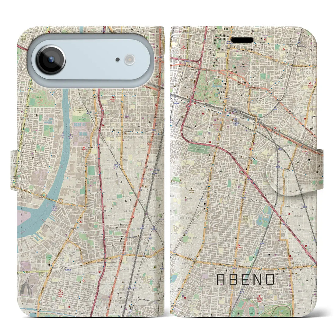 【阿倍野（大阪府）】地図柄iPhoneケース（手帳タイプ）ナチュラル・iPhone 17 Pro Max 用