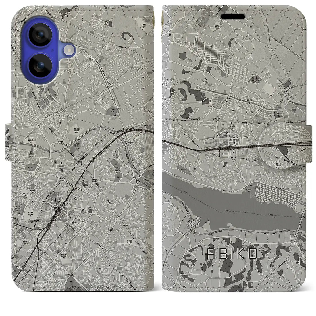 【我孫子(千葉県)】地図柄iPhoneケース(手帳タイプ)モノトーン・iPhone 16 Pro Max 用