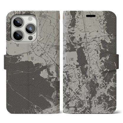 【安平（北海道）】地図柄iPhoneケース（手帳タイプ）モノトーン・iPhone 15 Pro 用