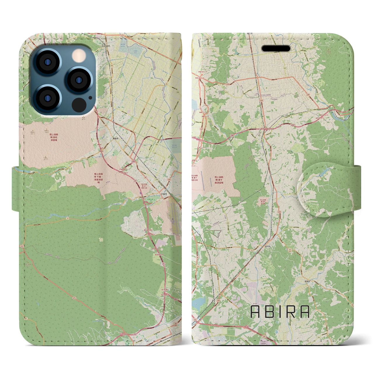 【安平（北海道）】地図柄iPhoneケース（手帳タイプ）ナチュラル・iPhone 12 / 12 Pro 用