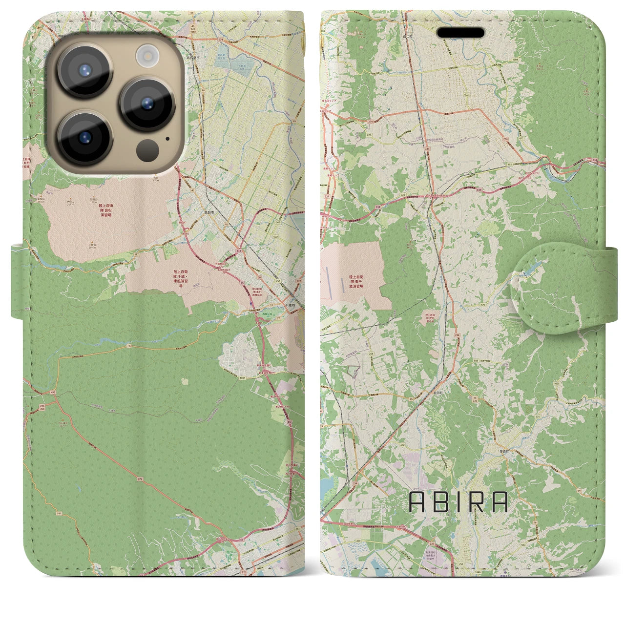 【安平（北海道）】地図柄iPhoneケース（手帳タイプ）ナチュラル・iPhone 14 Pro Max 用