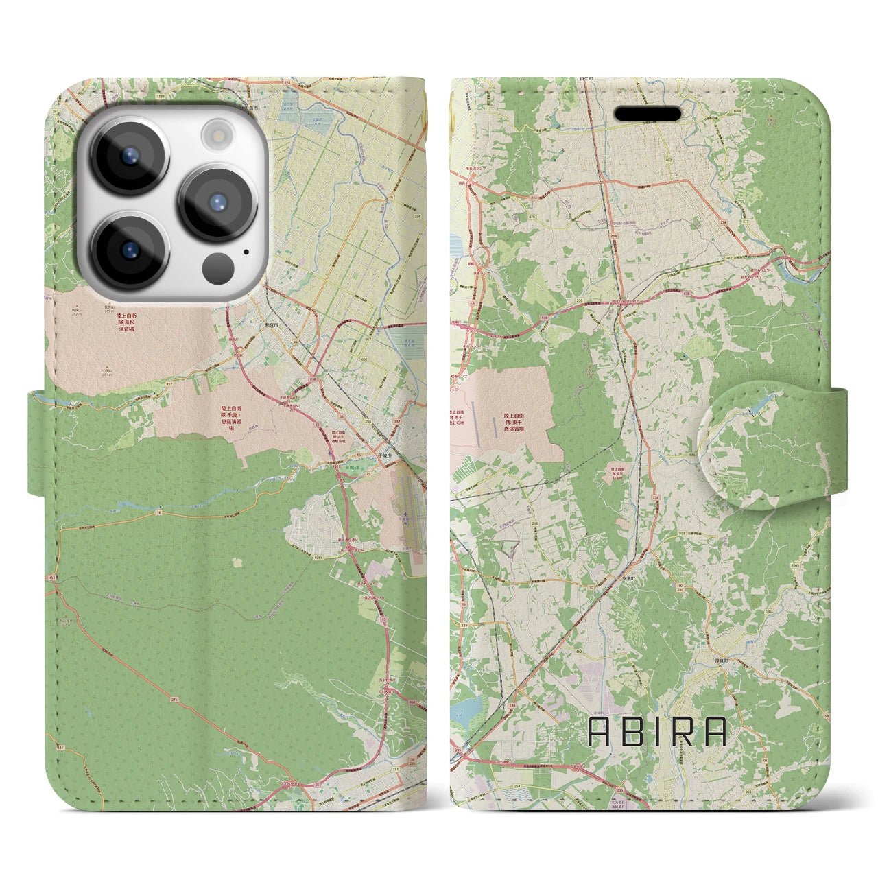 【安平（北海道）】地図柄iPhoneケース（手帳タイプ）ナチュラル・iPhone 14 Pro 用