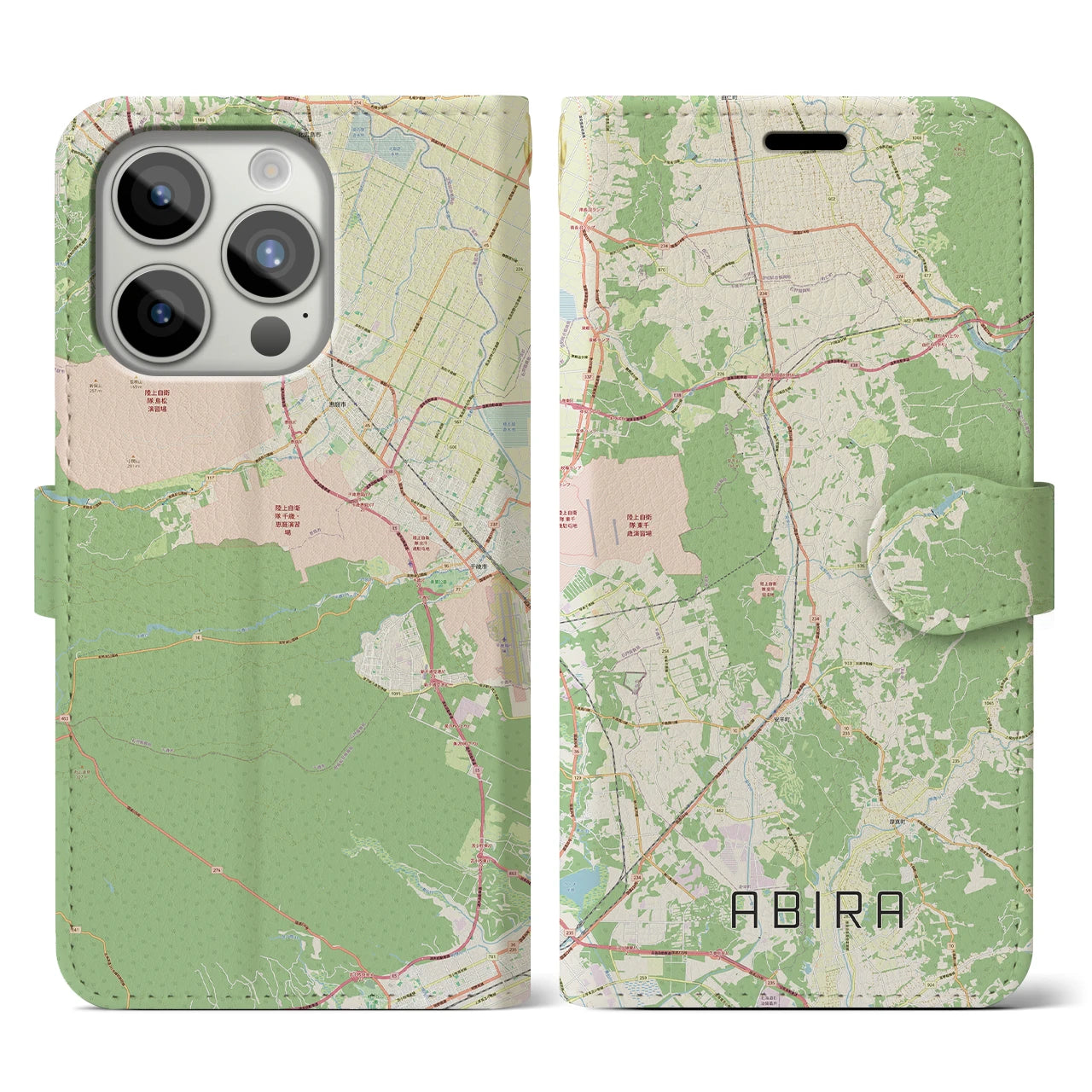 【安平（北海道）】地図柄iPhoneケース（手帳タイプ）ナチュラル・iPhone 15 Pro 用