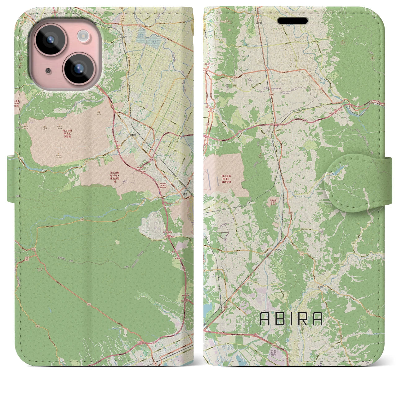 【安平（北海道）】地図柄iPhoneケース（手帳タイプ）ナチュラル・iPhone 15 Plus 用