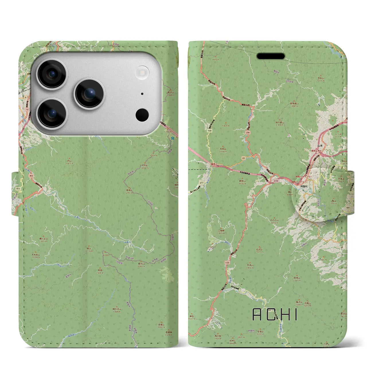 【阿智（長野県）】地図柄iPhoneケース（手帳タイプ）ナチュラル・iPhone 17 Pro Max 用