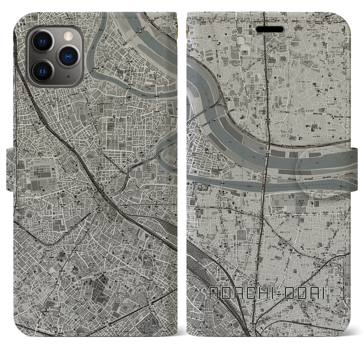 【足立小台】地図柄iPhoneケース（手帳両面タイプ・モノトーン）iPhone 11 Pro Max 用