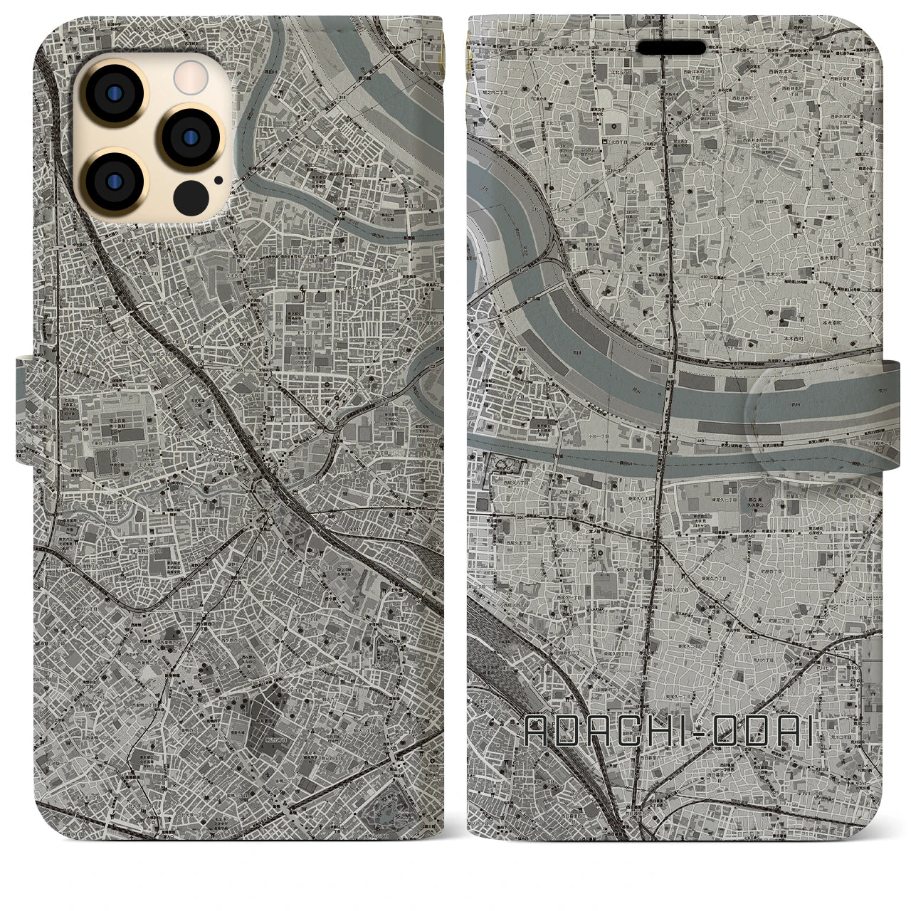 【足立小台】地図柄iPhoneケース（手帳両面タイプ・モノトーン）iPhone 12 Pro Max 用