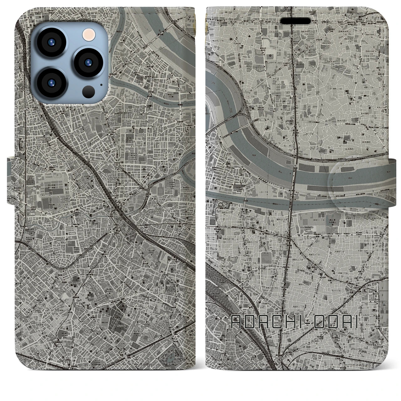 【足立小台】地図柄iPhoneケース（手帳両面タイプ・モノトーン）iPhone 13 Pro Max 用