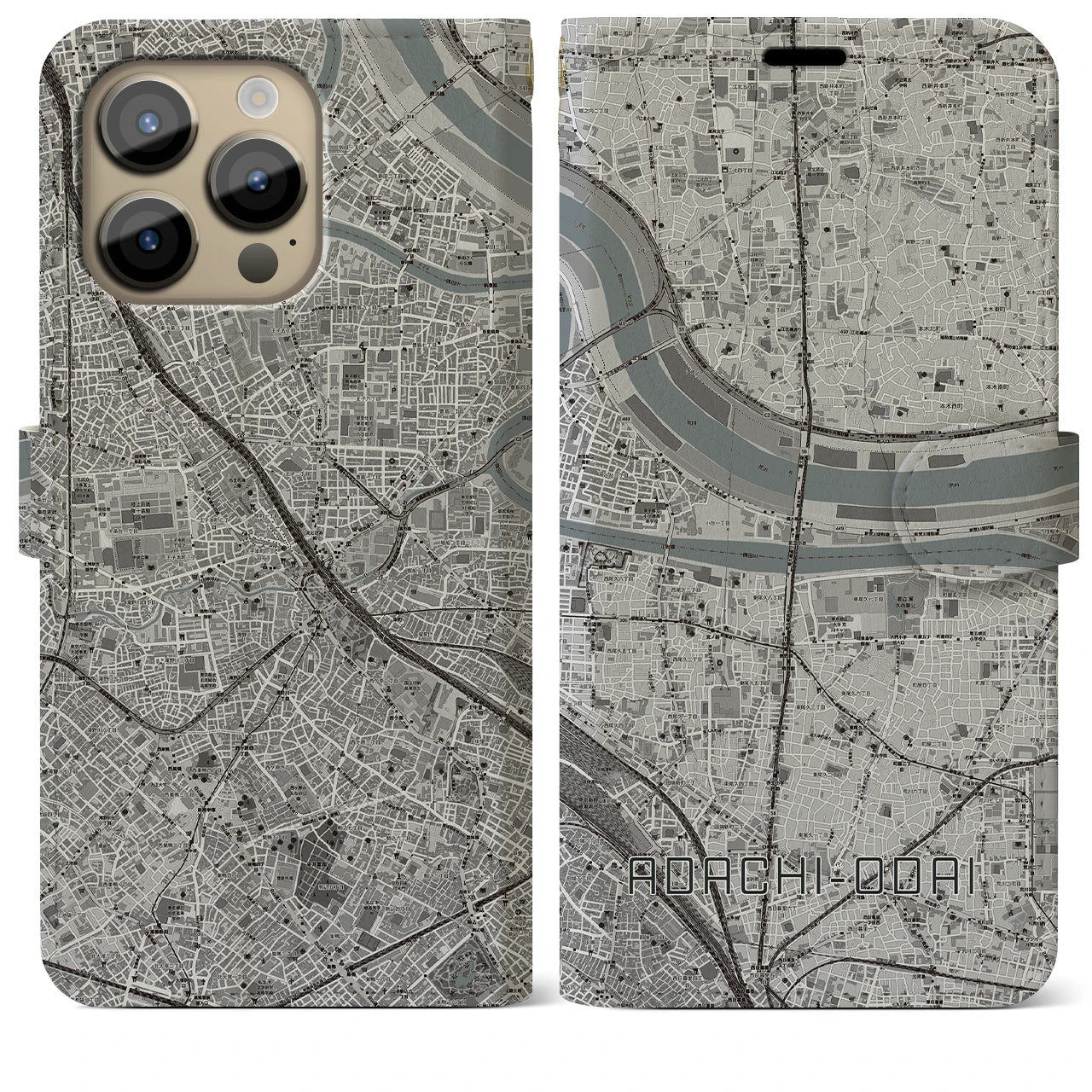 【足立小台】地図柄iPhoneケース（手帳両面タイプ・モノトーン）iPhone 14 Pro Max 用