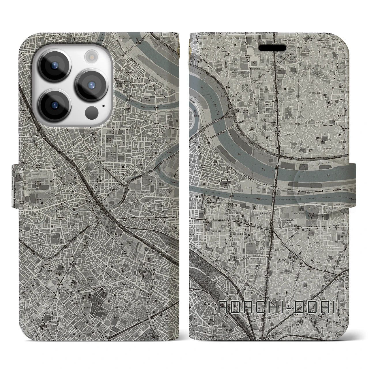 【足立小台】地図柄iPhoneケース（手帳両面タイプ・モノトーン）iPhone 14 Pro 用