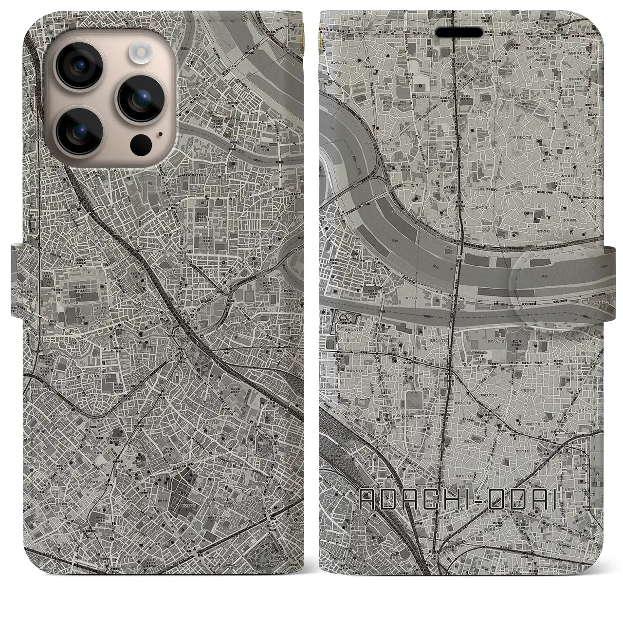 【足立小台（東京都）】地図柄iPhoneケース（手帳タイプ）モノトーン・iPhone 16 Plus 用