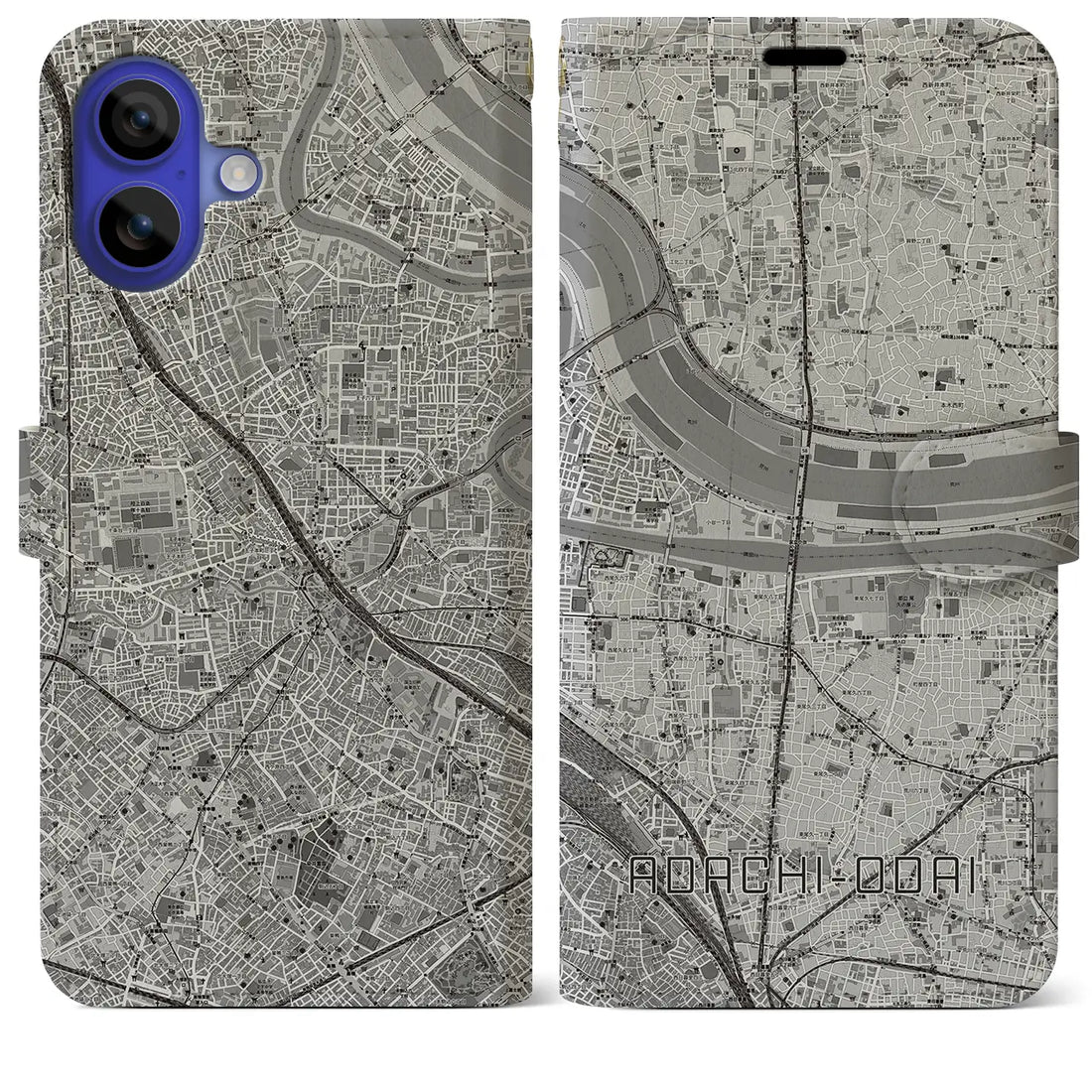 【足立小台(東京都)】地図柄iPhoneケース(手帳タイプ)モノトーン・iPhone 16 Pro Max 用