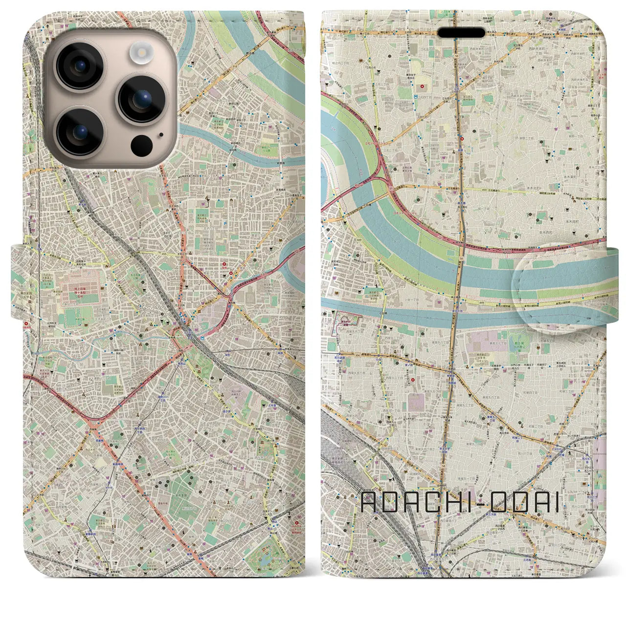 【足立小台（東京都）】地図柄iPhoneケース（手帳タイプ）ナチュラル・iPhone 16 Plus 用